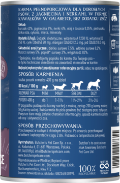 Tył puszki karmy dla psa Butcher's z jagnięciną i nerkami, bez zbóż. Widoczna etykieta z tabelą składników i dawek.