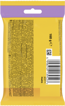 Tył żółto-fioletowego, giętkiego opakowania produktu Mars 160g z kodem kreskowym i etykietą.