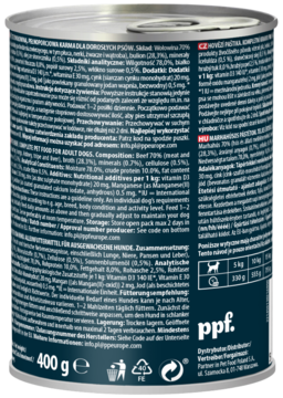 Naturality mielonka monoproteinowa wołowina dla psa 400g, widok boku puszki z etykietą i tekstem o składzie.