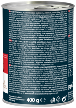 Tył granatowej puszki Naturality mielonka monoproteinowa wołowina 400g dla psa, z etykietą i składem.