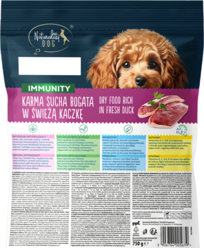 Tył opakowania Naturality karma sucha dla psa MINI/SMALL Immunity kaczka 750g z opisem i zdjęciem kaczki.