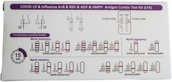 Opakowanie testu Combo Antygen COVID-19, grypa, RSV, ADV, HMPV z ilustracjami wyników i instrukcjami użycia. Widok z góry.