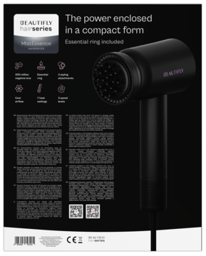 Czarna suszarka BEAUTIFLY Mistessence w kompaktowej formie, z dyfuzorem, na opakowaniu produktu.