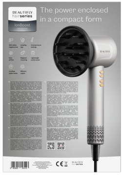 Suszarka BEAUTIFLY IonBoost, srebrna z podłączonym czarnym dyfuzorem, widok z przodu na szarym tle.
