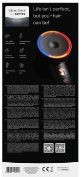 Tył opakowania profesjonalnej suszarki BEAUTIFLY VelsAir, czarna, z jonizacją i diodami LED.