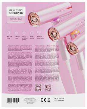 Tył różowego opakowania suszarki BEAUTIFLY Candy Flow; widoczne grafiki, kluczowe cechy i wielojęzyczne opisy.