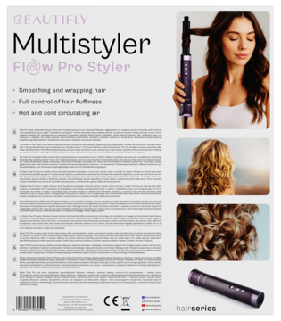 Tył opakowania BEAUTIFLY Flow Pro Styler do włosów, biały, z fioletową suszarko-lokówką i zdjęciami falowanych włosów.