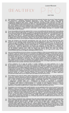 Wielojęzyczna ulotka informacyjna Beautifly Pro LaserBoost, urządzenie do pielęgnacji skóry głowy.