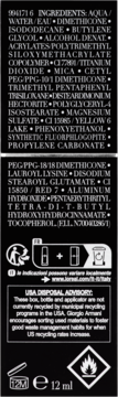 Tył czarnego opakowania kosmetyku Giorgio Armani z białą listą składników, symbolami recyklingu i objętością 12 ml.