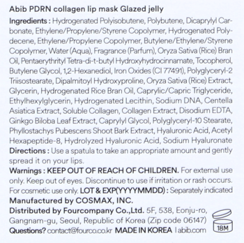 Tył etykiety Abib PDRN collagen lip mask Glazed jelly z listą składników, instrukcjami i ostrzeżeniami.