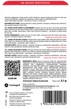 Tył czerwono-białego opakowania balsamu Tisane Color Miód Truskawka, ze składem i kodem QR.