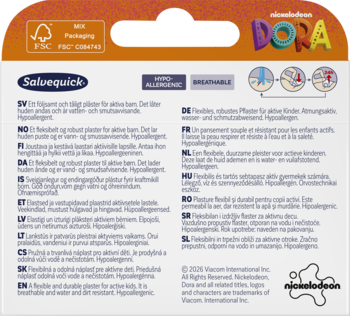 Tył opakowania Salvequick Dora, plastry dla dzieci, wodoodporne, hipoalergiczne i oddychające.