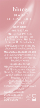 Tył różowego opakowania Hince Raw Glow Gel Tint R001 Bare z białym tekstem, danymi producenta i przechowywania.