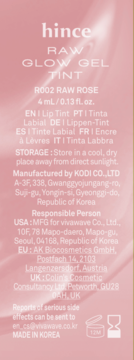 Tył opakowania Hince Raw Glow Gel Tint R002 Raw Rose 4ml, z danymi producenta i wskazówkami.