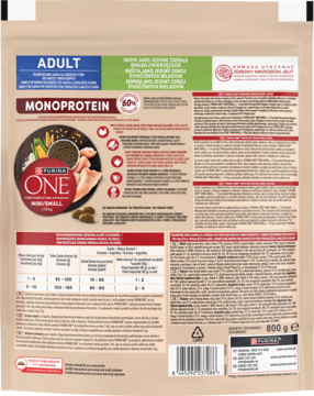 Tył beżowego opakowania karmy Purina ONE Mini/Small Adult Monoprotein bogata w indyka, z tabelami, kodem kreskowym.
