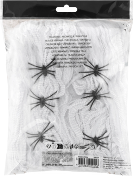Tył przezroczystego opakowania zestawu dekoracyjnego Halloween: biała pajęczyna i czarne pająki.