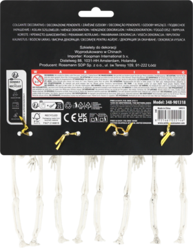 Tył czarnego opakowania dekoracji wiszących – plastikowe nogi szkieletu, ze złotymi tasiemkami.