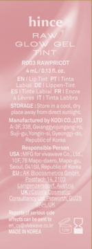 Tył opakowania hince RAW GLOW GEL TINT R003 RAWPRICOT, różowy, z detalami producenta i instrukcjami.