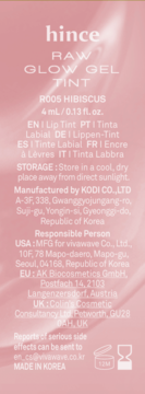 Różowa etykieta żelowego tintu Hince Raw Glow Gel R005 Hibiscus. Biały tekst: dane producenta, przechowywanie, ostrzeżenia.