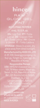 Tył opakowania Hince Raw Glow Gel Tint R013 Pink Pepper z informacjami o przechowywaniu i producentach.