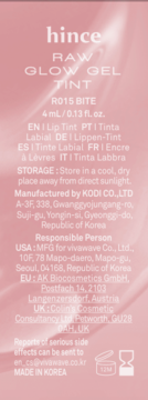 Tył opakowania hince RAW GLOW GEL TINT, różowa etykieta z białym tekstem, dane producenta, pojemność 4 ml.