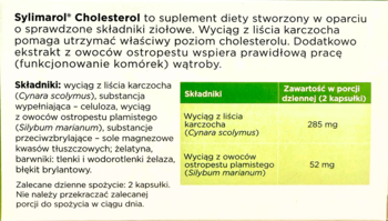 Sylimarol Cholesterel: Blad informacyjny suplementu diety wspierającego cholesterol i wątrobę, z tabelą składników.