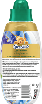 Tył butelki Ocсolino Botanical Perfume, płyn do płukania, zielona nakrętka, złota etykieta z misiem.
