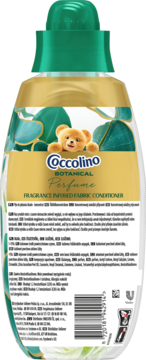 Tył butelki Coccolino Botanical Perfume, płynu do płukania, z kodem kreskowym, listą składników i zieloną nakrętką.