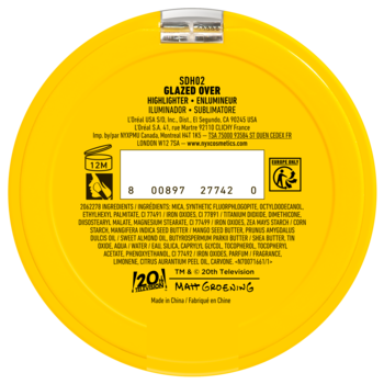 Tył żółtego, okrągłego rozświetlacza NYX The Simpsons Glazed Over z listą składników i kodem kreskowym.