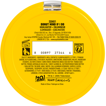 Tył żółtego, okrągłego opakowania kremowego rozświetlacza NYX The Simpsons Donut Mind If I Do, z napisami i składem.