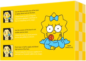 Tył żółtego pudełka gąbeczki NYX The Simpsons, ilustracja Maggie Simpson, instrukcje użycia.