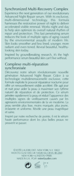 Tył opakowania serum Estée Lauder Advanced Night Repair z opisem produktu po angielsku i francusku na jasnym turkusowym tle.