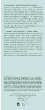 Tył etykiety serum Advanced Night Repair Complex z pełną listą składników, opisem i danymi producenta.