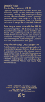 Tył granatowego opakowania podkładu Estée Lauder Double Wear SPF 10 z tekstem o 36h trwałości i matowym wykończeniu.