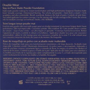 Tył opakowania podkładu Double Wear Stay-in-Place Matte Powder Foundation, ciemnoniebieski z białymi napisami.