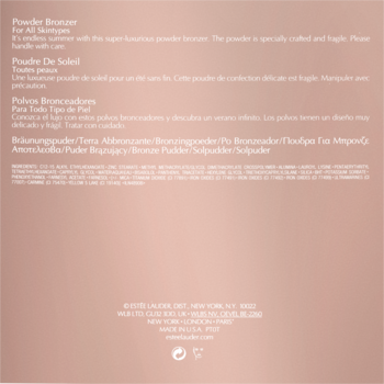 Informacje o produkcie Estee Lauder Powder Bronzer na beżowym, gradientowym tle. Widoczny opis i dane producenta.