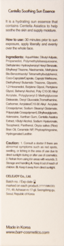 Tył opakowania Centella Soothing Sun Essence, z tekstem: składniki, użycie, ostrzeżenia i 'Made in Korea'.
