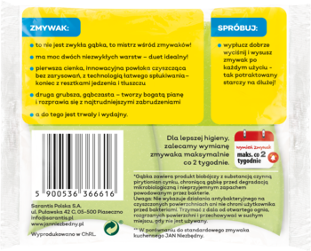 Tył zielono-żółtego opakowania zmywaka Power Fresh z instrukcją wymiany co 2 tygodnie i opisem cech.