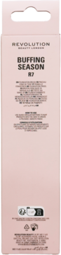 Tył jasnoróżowego opakowania Revolution Buffing Season R7 Foundation Brush z instrukcją użycia i informacjami.