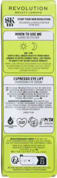 Tył zielonego opakowania Revolution Espresso Eye Lift Serum, z opisem użycia i listą składników.