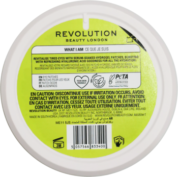 Tył okrągłego, zielonego opakowania Revolution Skin De-Puff Płatki pod oczy 60szt z tekstem o kwasie hialuronowym.