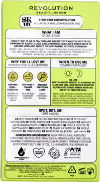 Tył zielonego opakowania Revolution Skin Spot Patches z opisem produktu, składnikami i ikonami PETA.