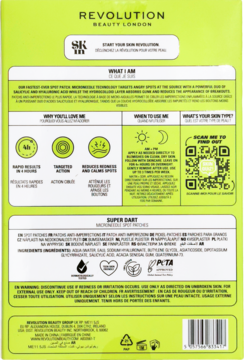 Tył zielonego opakowania Revolution Super Dart Plastry punktowe z mikroigłami, z białym tekstem i kodem kreskowym.
