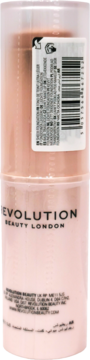 Tył transparentnej butelki podkładu Revolution Beauty London Skin Silk Glow Tint, z etykietą i kodem kreskowym.