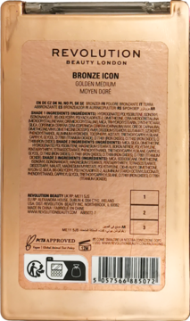 Tył brązowej palety Revolution Bronze Icon Golden Medium. Widoczne składniki bronzera i kod kreskowy.