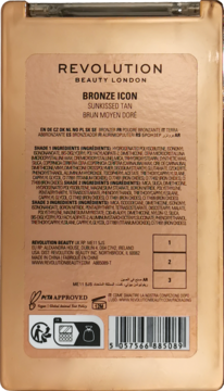 Tył opakowania bronzera Revolution Bronze Icon Sunkissed Tan, paletki do ocieplania cery, ze składnikami.