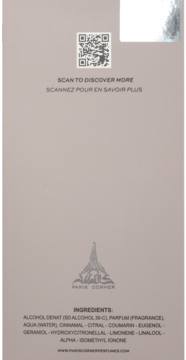 Tył beżowego opakowania perfum Paris Corner: kod QR, napis "SCAN TO DISCOVER MORE", logo, lista składników.