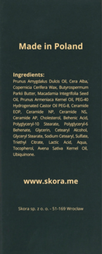 Tył opakowania kosmetyku Skora z listą składników. Widoczne "Made in Poland", adres firmy i www.skora.me.