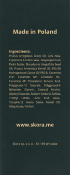 Tył opakowania kosmetyku Skora z listą składników, napisem Made in Poland i danymi firmy.