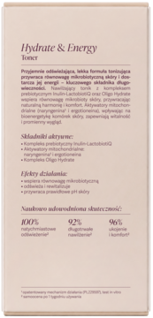 Tył beżowego opakowania tonera Hydrate & Energy z opisem składników aktywnych i naukowo udowodnionej skuteczności.